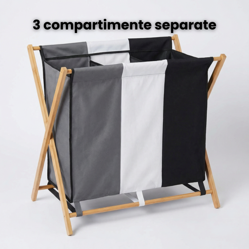 Cos Rufe HASEPE Triplu, Cu Cadru Din Bambus, Cos Rufe Cu 3 Compartimente Pentru Sortare Haine, Cos Rufe Pliabil Cu Material Rezistent, Tricolor, Organizare Eficienta Spatiu, Dimensiuni 72.5 x 40 x 74 [3]