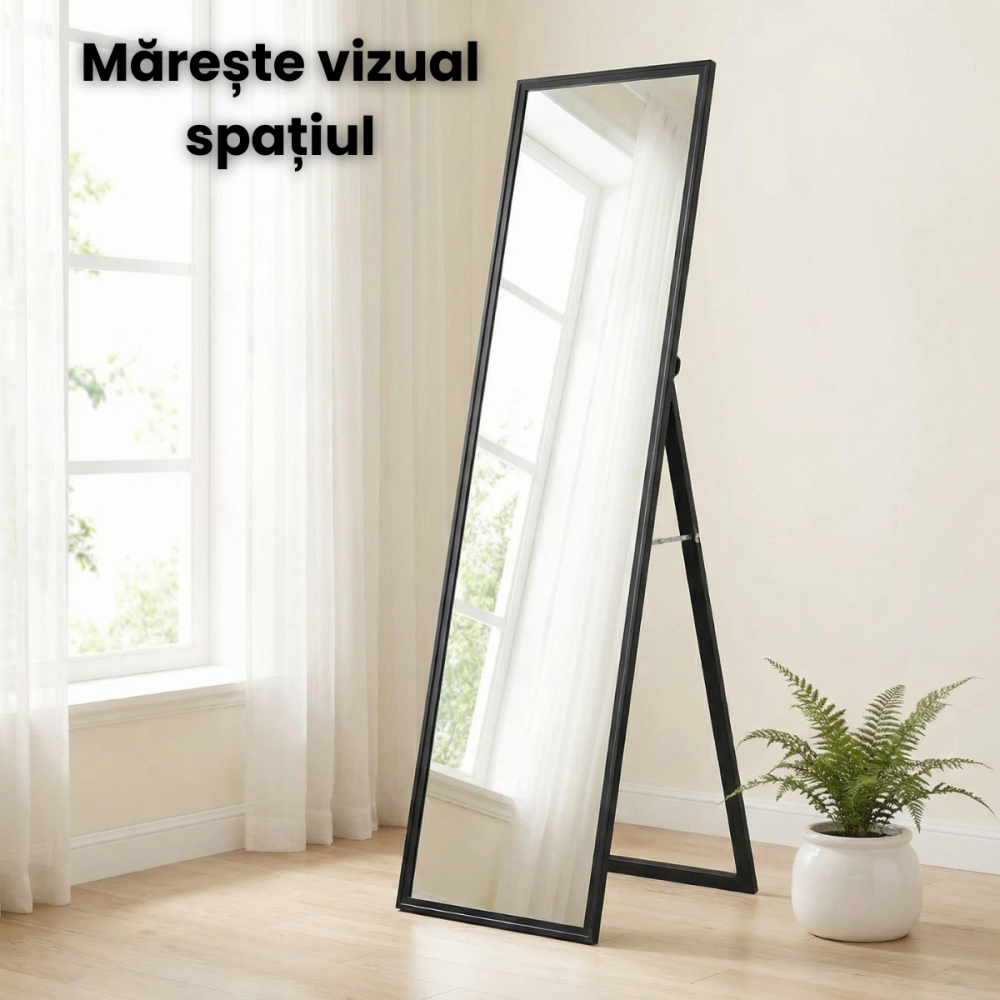 Oglinda de Podea HASEPE cu Rama Neagra din Lemn, Oglinda Decorativa pentru Hol si Dormitor, Oglinda de Podea cu Suport Stabil din Lemn, Design Modern Minimalist, Oglinda Decorativa pentru Interior, Di [3]