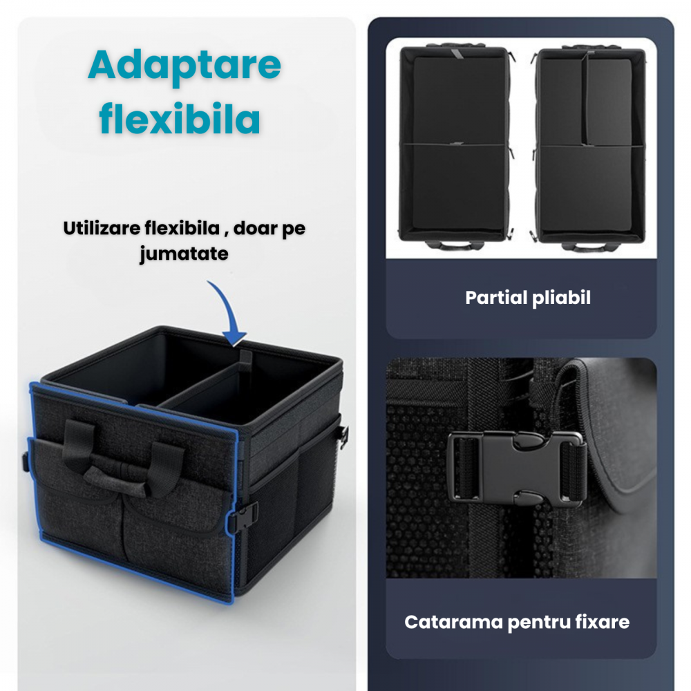 Organizator portbagaj auto 60L HASEPE, Multifunctional, Pliabil, Capac detasabil, Curele fixare, 3 compartimente, 51x32x37 cm, negru [4]