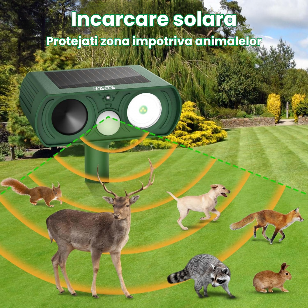 Dispozitiv Ultrasonic Solar Anti-Animale pentru Exterior HASEPE, Senzor de Miscare, LED Intermitent, Rezistent la Apa, Impotriva Pisicilor, Sobolanilor, Cainilor, Ratoni, Caprioare, Protectie Umana pe [2]