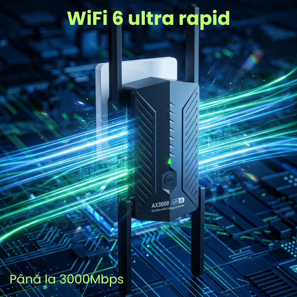 WiFi Repeater HASEPE® 3000Mbps WiFi Extender Dual Band 2.4GHz 5GHz, Amplificator WiFi Cu 4 Antene, WiFi Repeater Cu Port LAN Gigabit, WiFi Extender Mesh WPS, Amplificator WiFi Pentru Casa, Repeater Se [3]