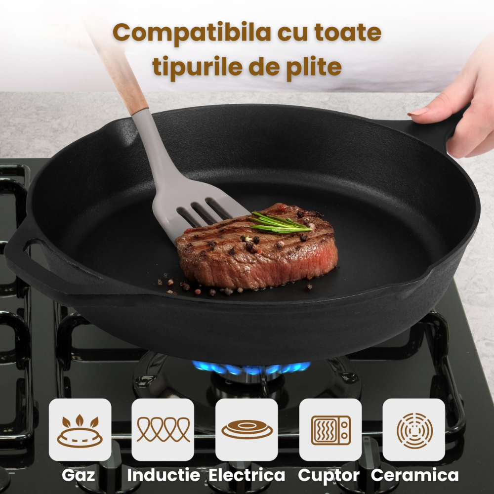 Tigaie rotunda din fonta HASEPE, compatibila cu inductie, cu manere duble si margini de scurgere, incalzire uniforma, durabila si usor de curatat, 26 x 5 cm [3]