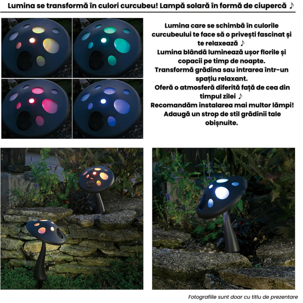 Lampa Solara LED Ciuperca Multicolora HASEPE, Fixare cu Tarus, Rotativa, Ecologica, Baterie Reincarcabila, 18x27cm [4]