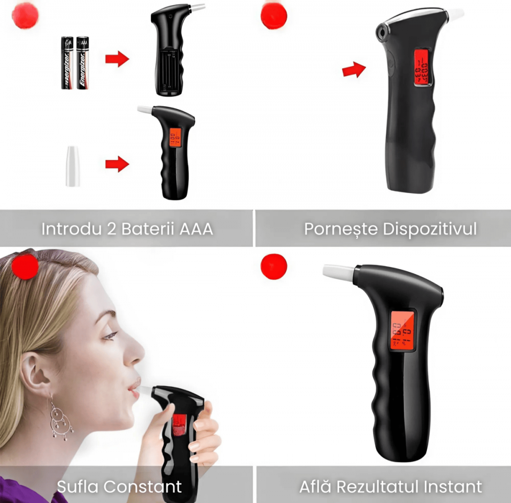 Etilotest Digital HASEPE, Alcool Tester Portabil cu LCD, 5 Mustiucuri, Calibrare Automata, Alarma Depasire Limita, Recunoastere Suflat Fals, Negru [3]