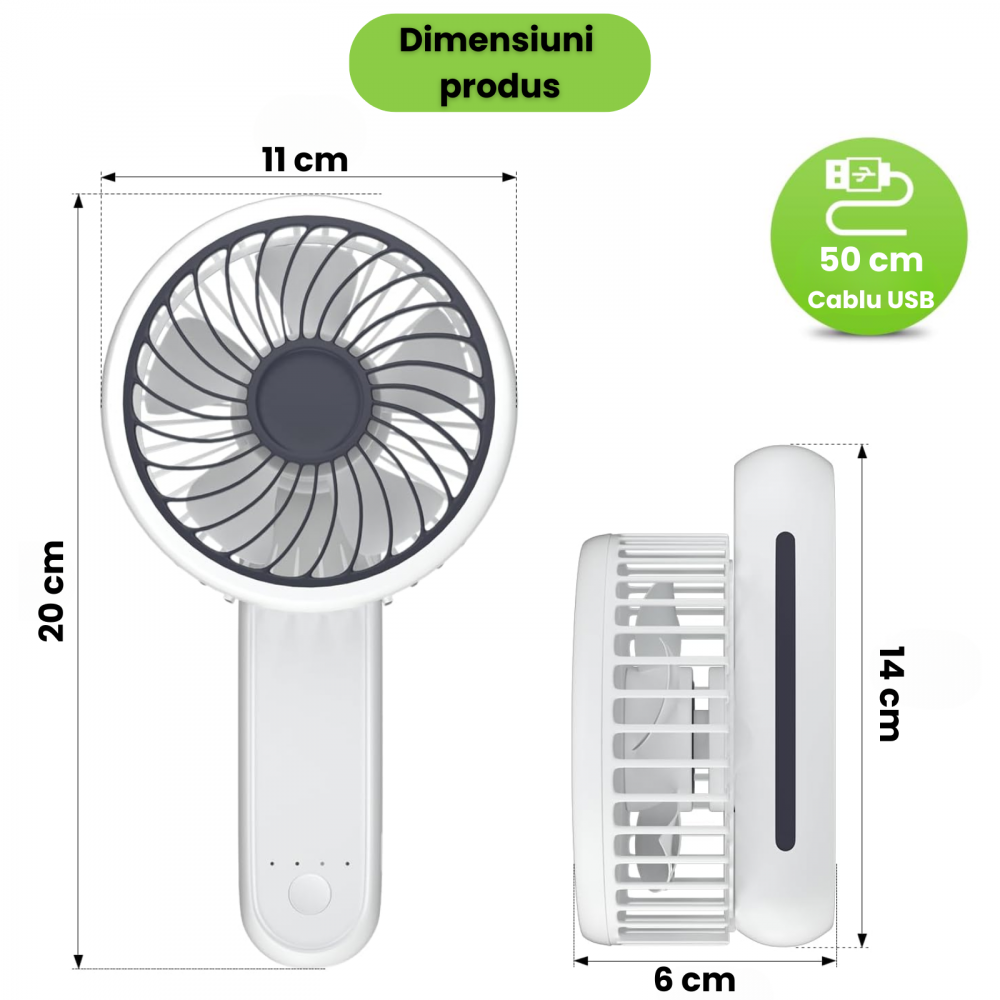 Ventilator portabil pliabil USB HASEPE, 3 viteze, rotire 180°, diametru 21 cm, autonomie 1,5–5 ore, compact si silentios, ideal pentru birou, plaja, calatorii, alb [2]