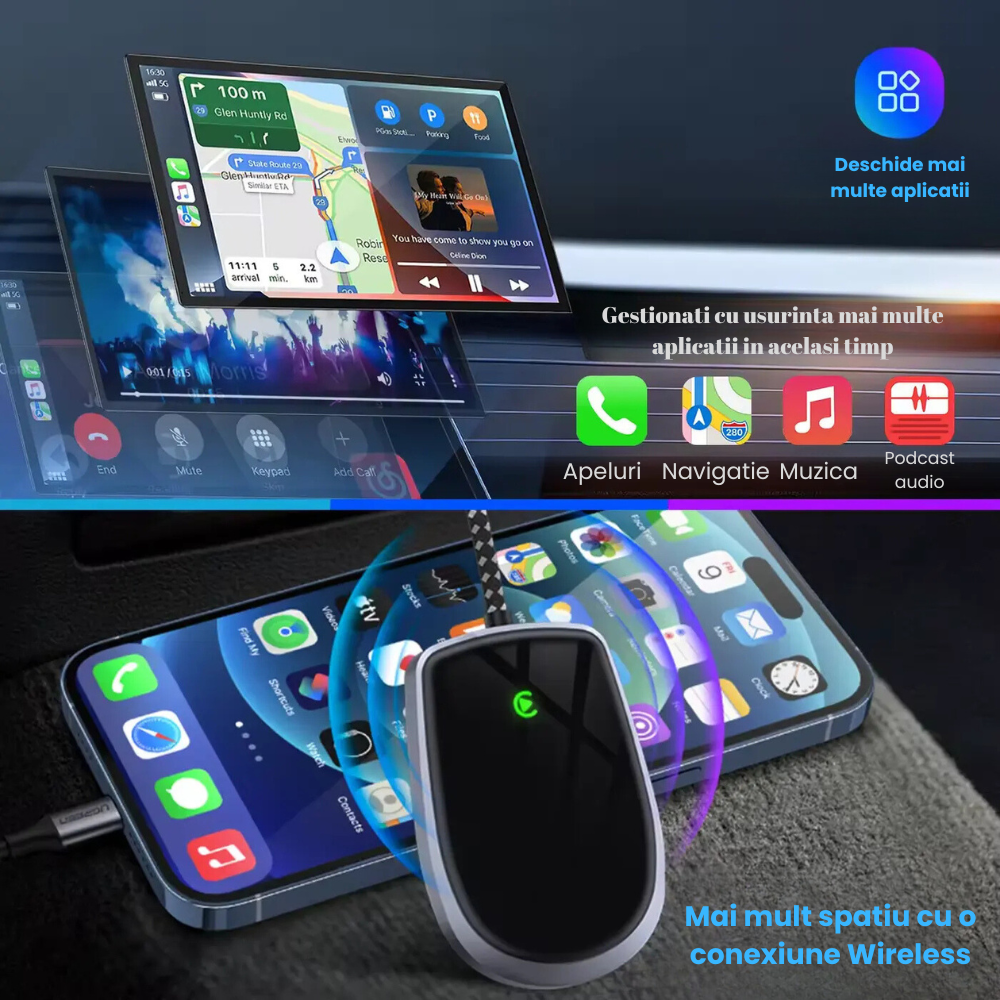 Adaptor CarPlay Wireless HASEPE, Modul WiFi 5G, Conectare Automata Plug&Play, USB, Compatibil iPhone, Sunet si Video HD, Negru [8]