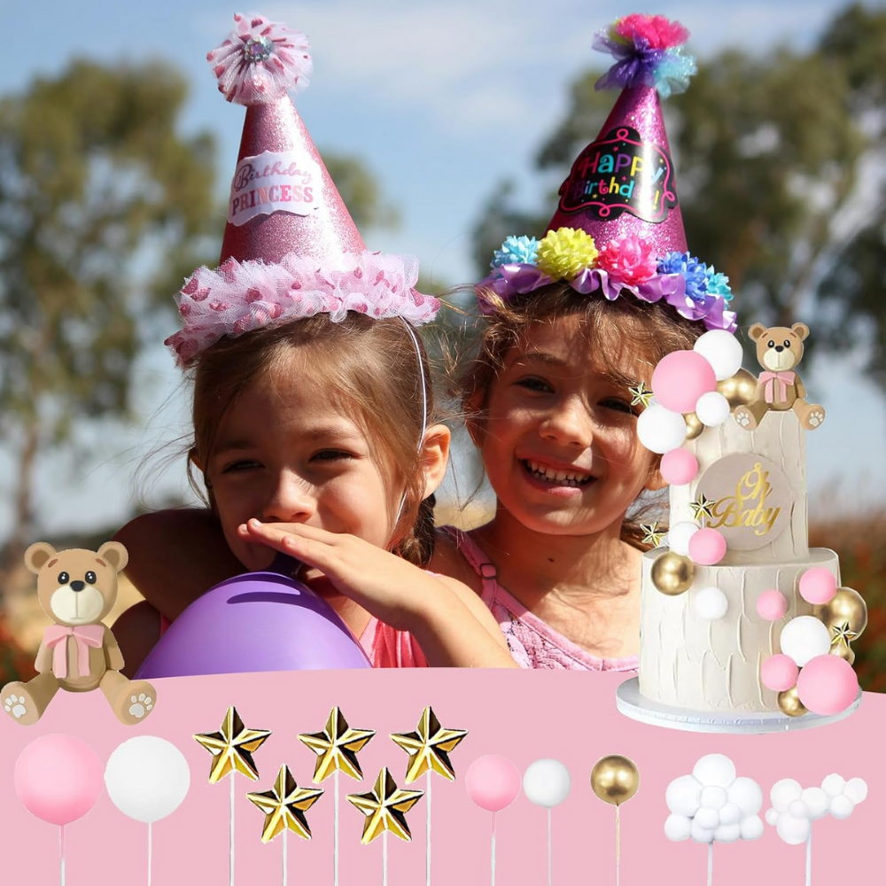 Set 38 Decoratiuni Topper Tort Ursulet Roz HASEPE, Pentru Botez si Baby Shower, pentru Evenimente Speciale [6]