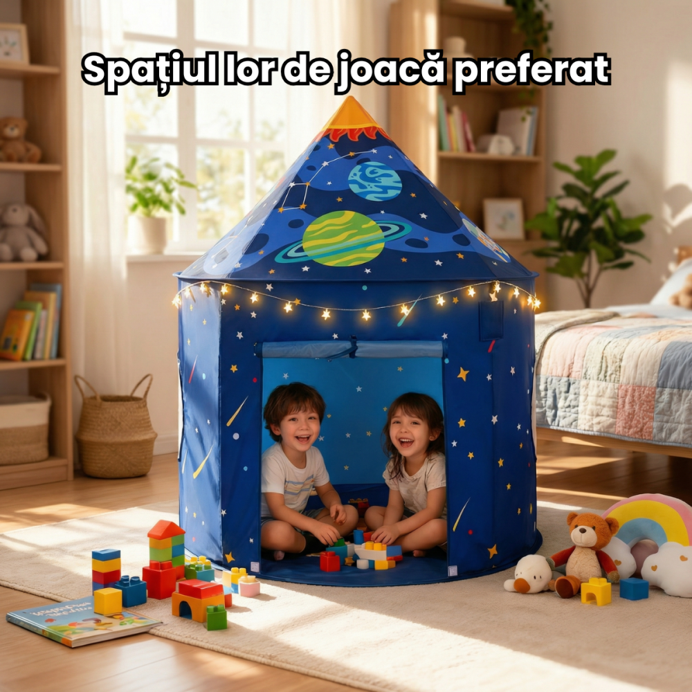 Cort Joaca HASEPE Pliabil Model Racheta Spatiala, Cort Joaca Pentru Copii 100x135cm, Casuta Copii Interior, Cort Joaca Baieti 4-6 Ani, Design Albastru, Casuta Copii Tip Joc De Rol, Montare Rapida, Gea [2]