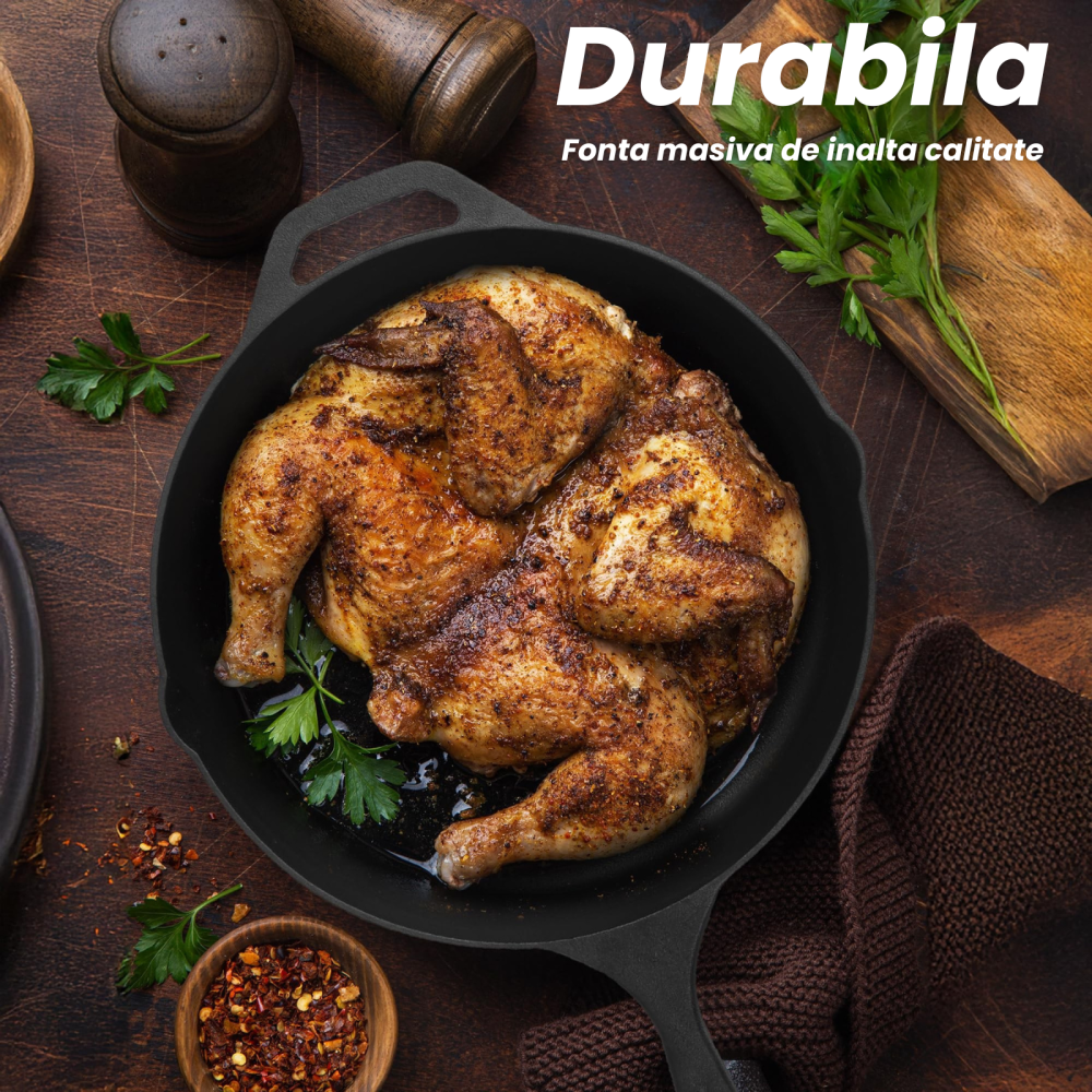 Tigaie rotunda din fonta HASEPE, compatibila cu inductie, cu manere duble si margini de scurgere, incalzire uniforma, durabila si usor de curatat, 26 x 5 cm [5]