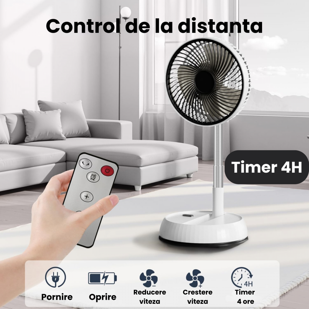 Ventilator portabil telescopic HASEPE, pliabil cu telecomanda, 3 viteze, reglabil pe inaltime 35-85 cm, rotire automata 90°, cap inclinabil 180°, USB, diametru 20 cm, alb [2]