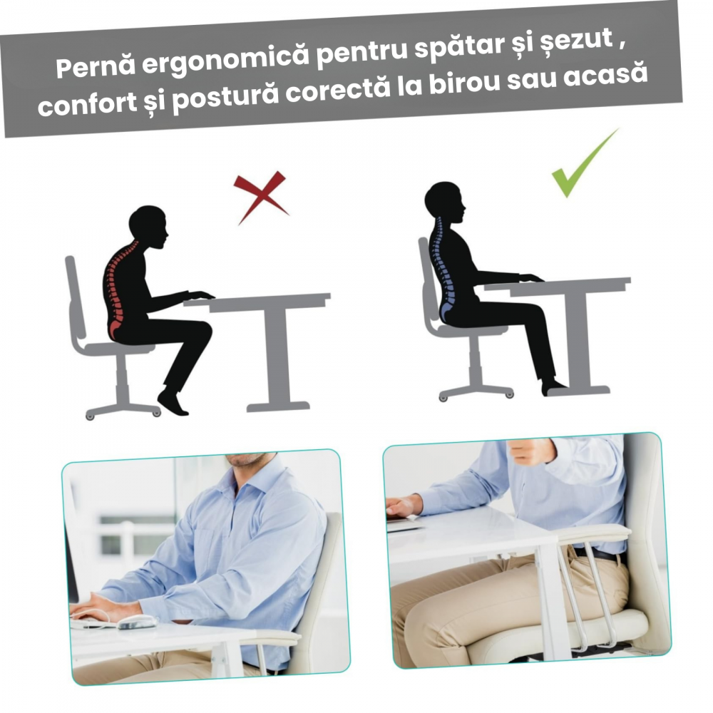 Pernă lombară ortopedică cu spumă memorie HASEPE, suport ergonomic spate, curea reglabila, husă respirabilă, pentru birou, scaun auto și acasă [4]