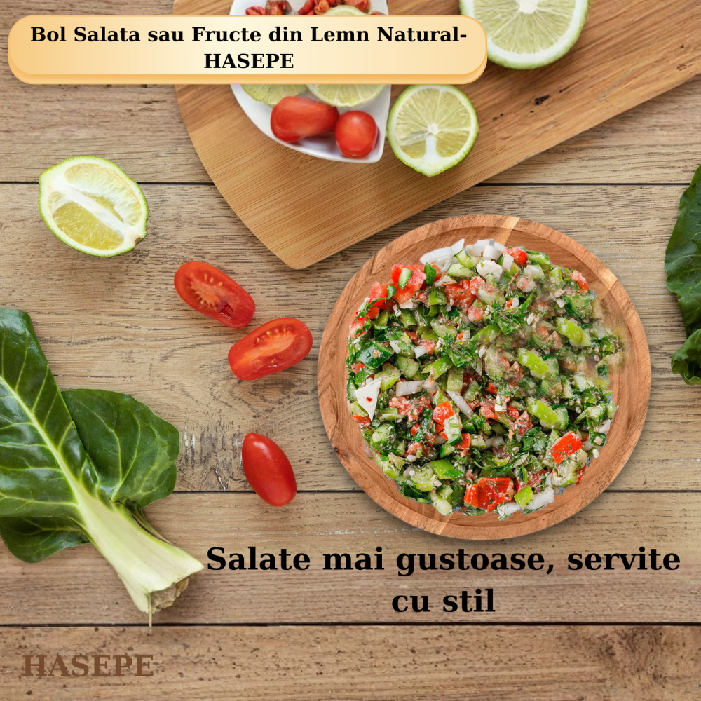 Bol mare pentru salată și fructe HASEPE, design rustic elegant, lemn natural, culoare închisă, 29x10.5cm, capacitate 3.5L [3]