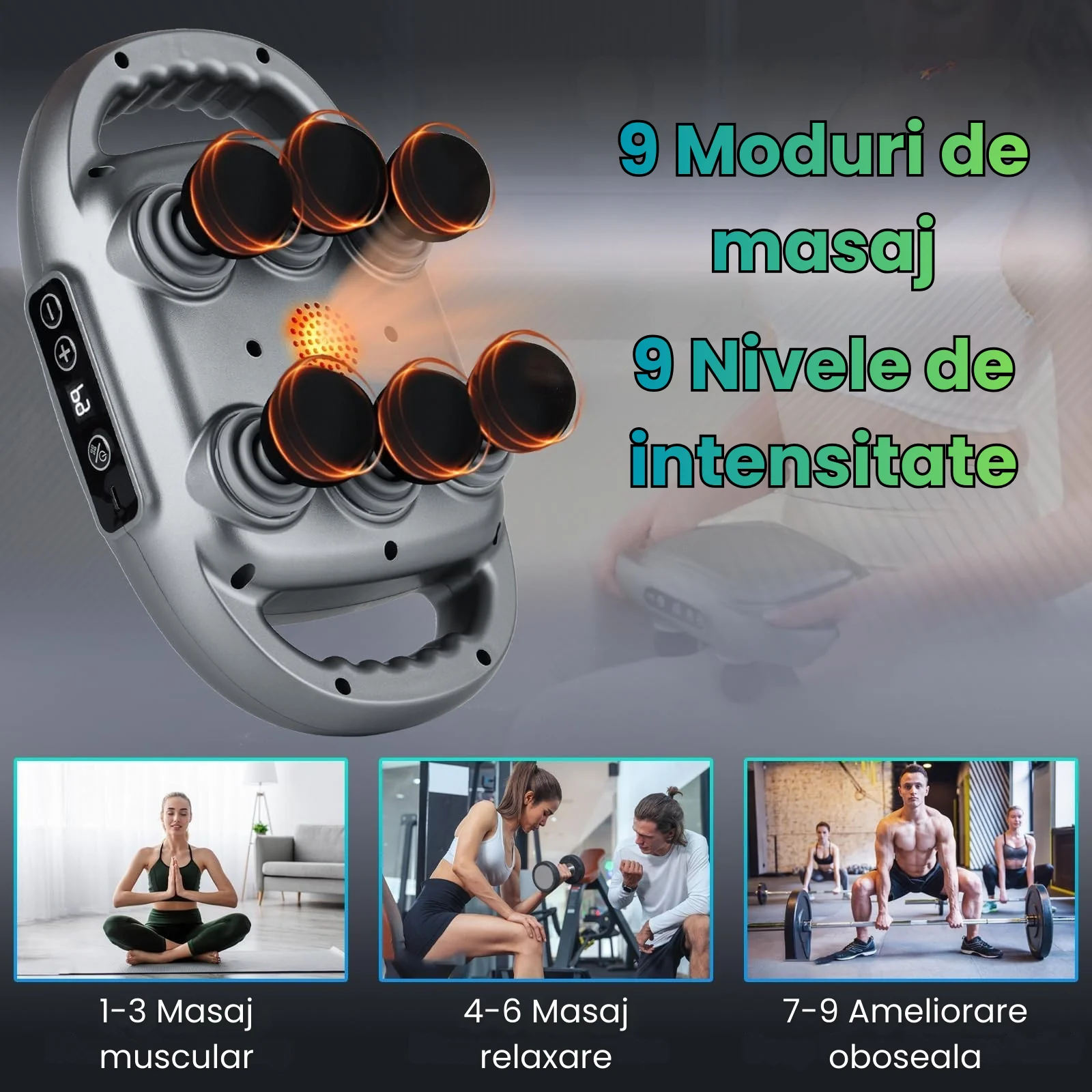 Pistol de masaj HASEPE, 6 capete, 9 moduri si 9 niveluri intensitate, 3200mAh, incalzire cu lumina rosie, relaxare muschi profunzi, ultra-silentios, potrivit pentru spate, picioare, brate, gri inchis [2]