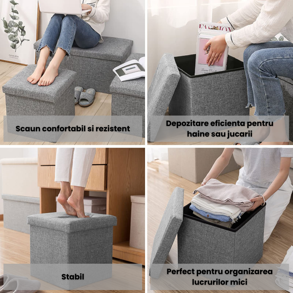 Taburet pliabil cu spatiu de depozitare HASEPE, MDF rezistent, tip otoman, pentru living sau dormitor, gri deschis, 45x30x30 cm [5]