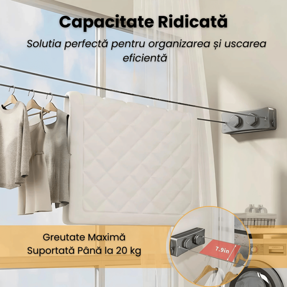 Uscator rufe retractabil HASEPE, montaj pe perete, sarme otel inoxidabil 5,1 m, capacitate 20 kg, rezistent interior exterior, compact pliabil, Gri [2]