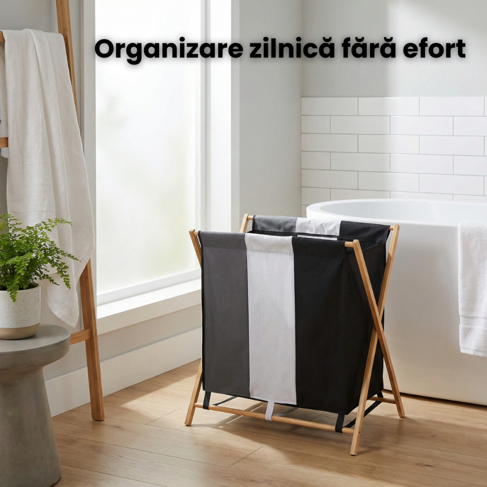 Cos Rufe HASEPE Triplu, Cu Cadru Din Bambus, Cos Rufe Cu 3 Compartimente Pentru Sortare Haine, Cos Rufe Pliabil Cu Material Rezistent, Tricolor, Organizare Eficienta Spatiu, Dimensiuni 72.5 x 40 x 74 [2]