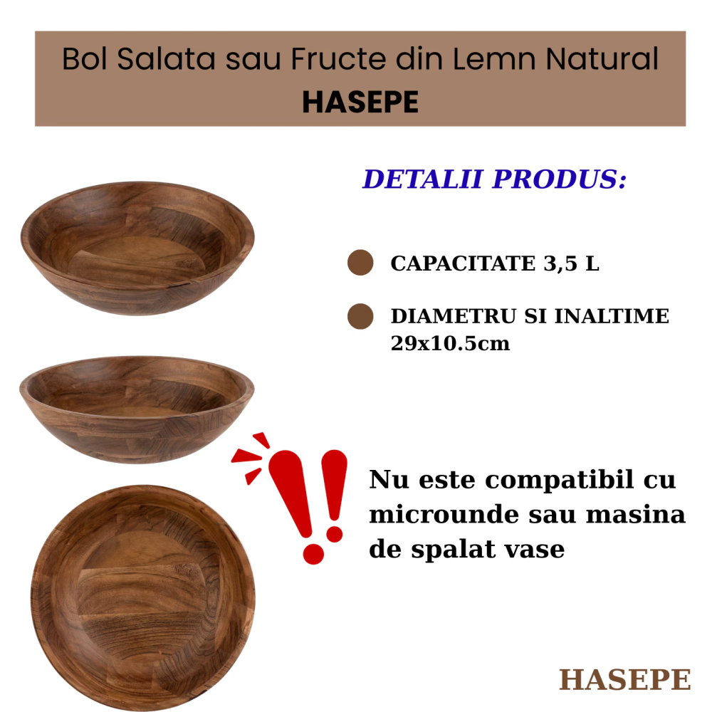 Bol mare pentru salată și fructe HASEPE, design rustic elegant, lemn natural, culoare închisă, 29x10.5cm, capacitate 3.5L [10]