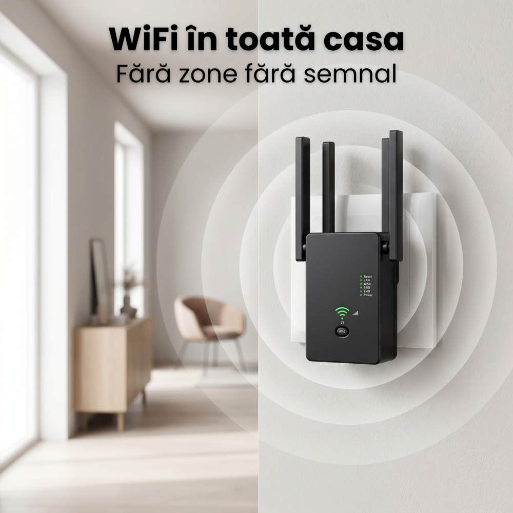 Amplificator Semnal HASEPE® Wireless WiFi 1200M Dual Band, Range Extender Amplificator Semnal Cu 4 Antene, Repeater Router Si AP, Amplificator Semnal Retea 2.4GHz 5GHz, Port LAN, Securitate WPA2, Ampl [2]