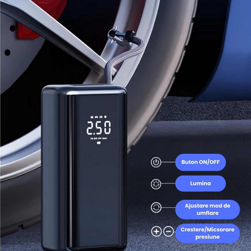 Pompa de Aer Portabila Electrica, Compresor Auto Multifunctional Fara Fir, Afisaj Digital LCD, Oprire Automata, USB Reincarcabil, Umflare Rapida 150 PSI, Anvelope Auto, Biciclete, Motociclete, LED, Ne [6]