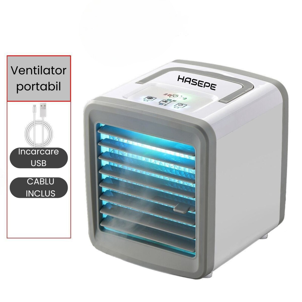 Racitor Ventilator aer portabil HASEPE, Ventilator pulverizare cu Apa, Mini aer USB, Silentios cu 2 viteze 3600 rpm/2700 rpm, Rezervor 200ml, Lumina LED, Buton ON/OFF, Climatizare Personala pentru Bir [10]