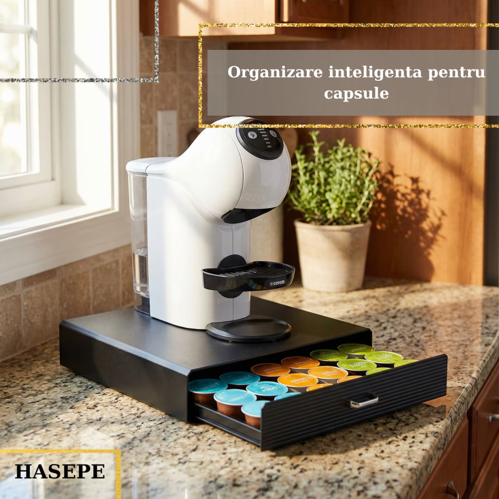 Sertar organizator capsule cafea HASEPE, compatibil capsule DOLCE GUSTOi capsule universale, Multifunctional pentu zahar si accesorii, Suport aparat cafea, Capacitate mare 30 capsule, 40x24x6 cm, Negr [3]