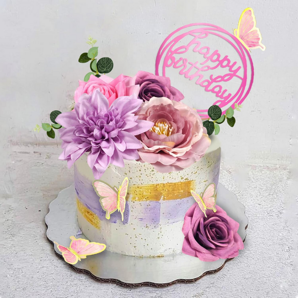 Set 20 Piese Topper Flori si Fluturi pentru Tort HASEPE, Happy Birthday, Nunta, Aniversari, Petreceri [4]