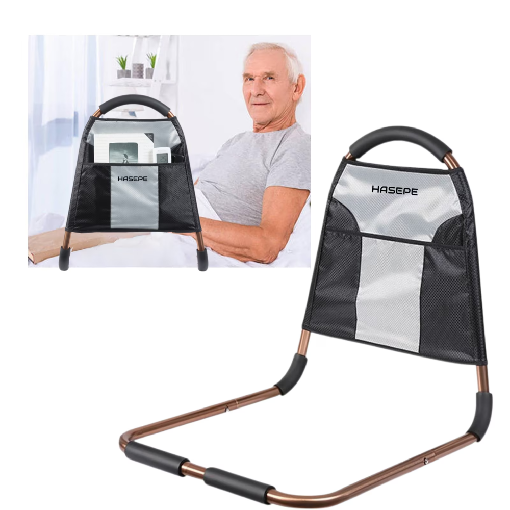 Maner de sprijin si balustrada pentru pat HASEPE, cu 3 bare de stabilizare si maner antiderapant, buzunar lateral, suport ridicare persoane varstnice, pacienti dupa operatie, femei insarcinate sau cu  [1]