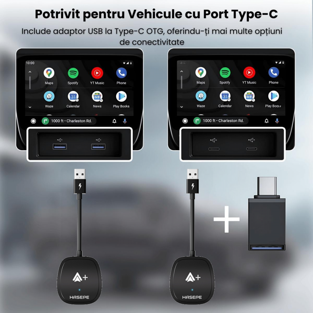 Modulator Android Auto Wireless HASEPE, USB/USB-C, Reconectare Automata, Streaming Netflix, YouTube, TikTok, Navigatie, Muzica, Apeluri, Negru [2]