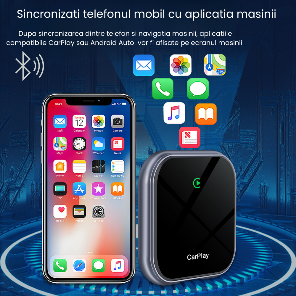 Modulator Auto CarPlay si Android Auto Wireless 2 in 1 HASEPE, Plug & Play, Compatibil iOS 10+ si Android 11+, WiFi 2.4/5Ghz, Procesor AI, Conectare Automata, Upgrade Masini cu CarPlay/Android Auto [6]