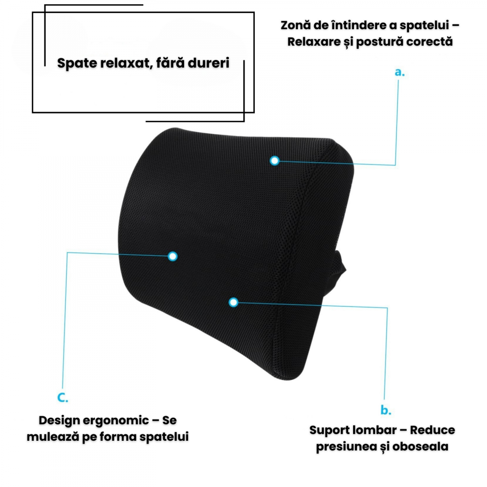Pernă lombară ortopedică cu spumă memorie HASEPE, suport ergonomic spate, curea reglabila, husă respirabilă, pentru birou, scaun auto și acasă [3]