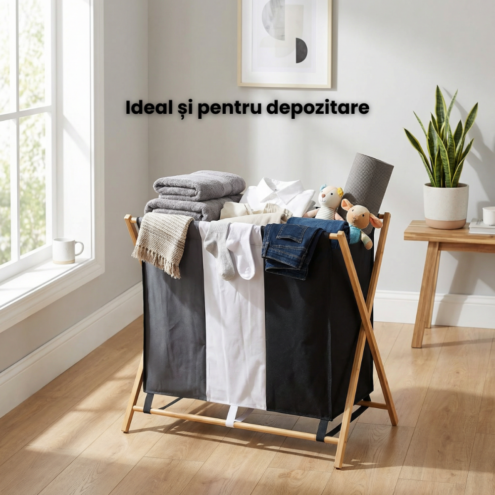 Cos Rufe HASEPE Triplu, Cu Cadru Din Bambus, Cos Rufe Cu 3 Compartimente Pentru Sortare Haine, Cos Rufe Pliabil Cu Material Rezistent, Tricolor, Organizare Eficienta Spatiu, Dimensiuni 72.5 x 40 x 74 [7]