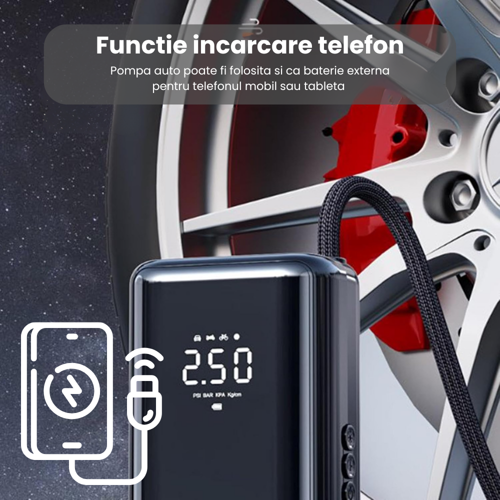 Pompa de Aer Portabila Electrica, Compresor Auto Multifunctional Fara Fir, Afisaj Digital LCD, Oprire Automata, USB Reincarcabil, Umflare Rapida 150 PSI, Anvelope Auto, Biciclete, Motociclete, LED, Ne [2]