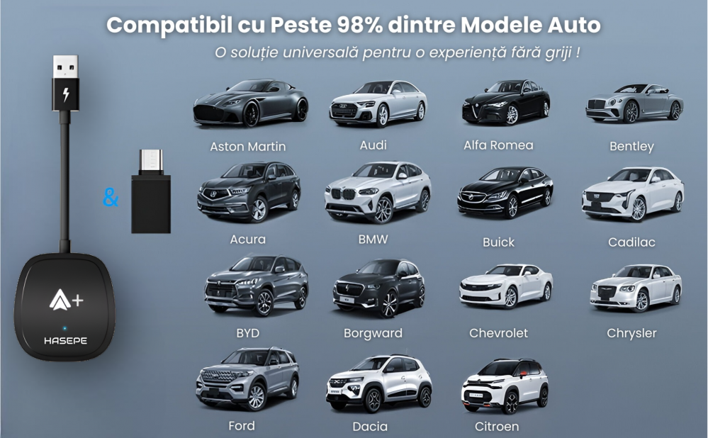 Modulator Android Auto Wireless HASEPE, USB/USB-C, Reconectare Automata, Streaming Netflix, YouTube, TikTok, Navigatie, Muzica, Apeluri, Negru [5]