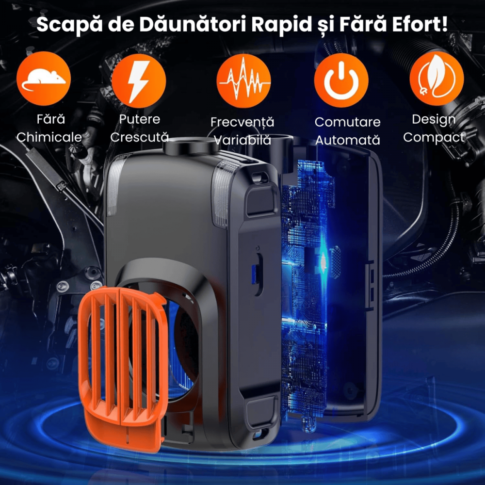 Aparat Anti Rozatoare Auto HASEPE, Anti Soareci si Sobolani, Protectie Motoare Masini, Ultrasunete si LED Intermitent, 2 Alimentari (Baterie/12V), Mod Auto Standby, Negru [6]