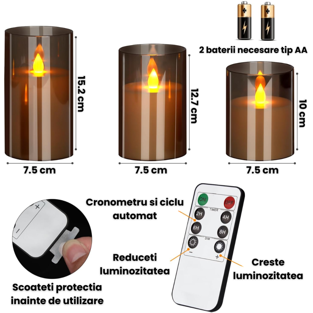 Set 3 Lumanari Led HASEPE Decorative Din Sticla Fumurie, Lumanari Decorative Cu Telecomanda Si Timer, Lumanare Electrica Cu Lumina Calda, Lumanari Led Pentru Decor Casa Evenimente Sarbatori [6]