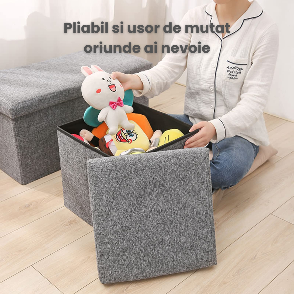 Taburet pliabil cu spatiu de depozitare HASEPE, MDF rezistent, tip otoman, pentru living sau dormitor, gri deschis, 45x30x30 cm [2]