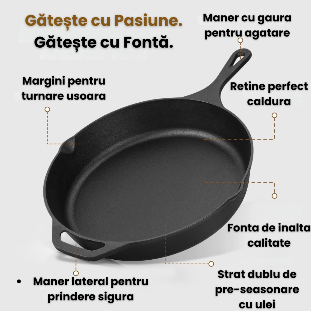 Tigaie rotunda din fonta HASEPE, compatibila cu inductie, cu manere duble si margini de scurgere, incalzire uniforma, durabila si usor de curatat, 26 x 5 cm [2]