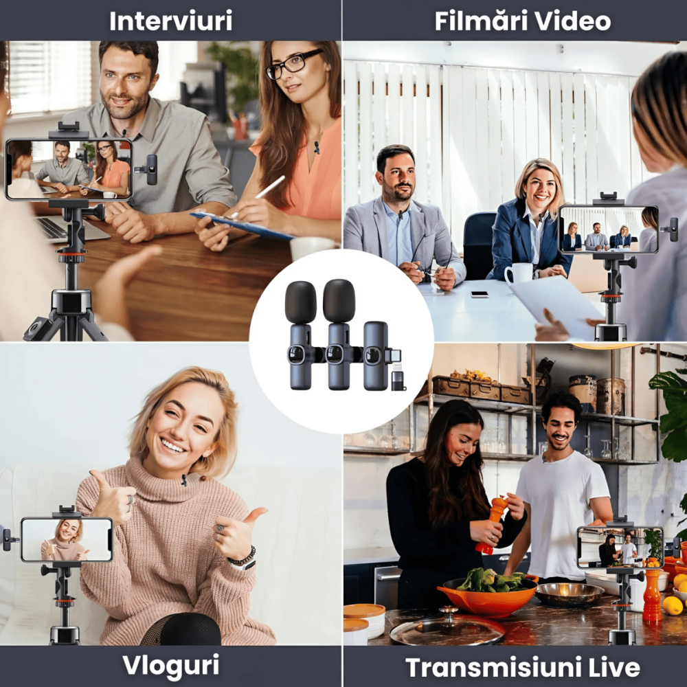 Set 2 Microfoane Lavaliera Wireless HASEPE, Plug & Play, Transmisie 2.4G, Autonomie 6H, Compatibile iPhone, Android, iPad, Sunet Clar pentru Vlog, Interviuri, YouTube, Live Streaming [5]