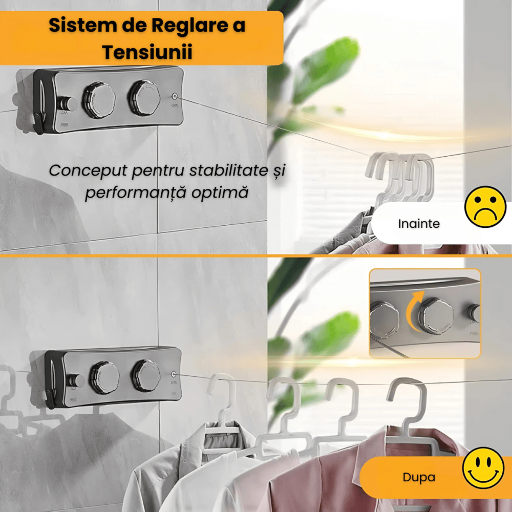 Uscator rufe retractabil HASEPE, montaj pe perete, sarme otel inoxidabil 5,1 m, capacitate 20 kg, rezistent interior exterior, compact pliabil, Gri [3]
