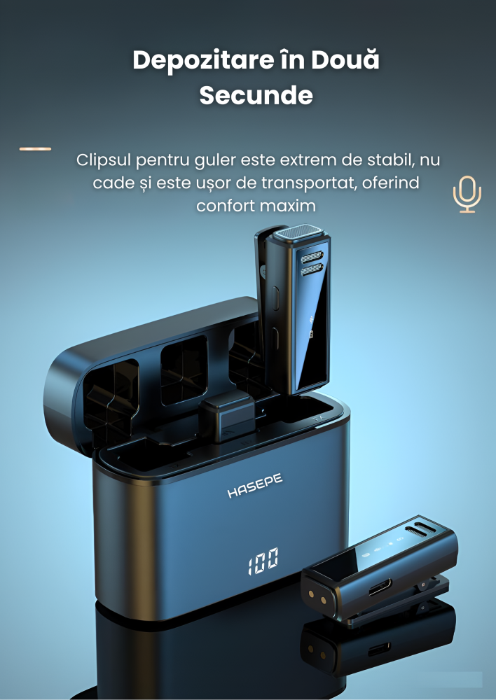 Set 2 Microfoane Lavaliera Wireless Profesionale HASEPE, Compatibile iPhone, Android, Type C, Lightning, Reducere Zgomot, 2,4 GHz, Reincarcabile, Portabile, Pentru Smartphone, Laptop, Tableta, Negru [2]