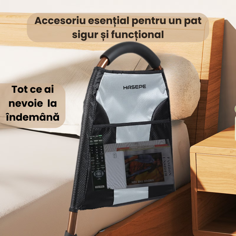 Maner de sprijin si balustrada pentru pat HASEPE, cu 3 bare de stabilizare si maner antiderapant, buzunar lateral, suport ridicare persoane varstnice, pacienti dupa operatie, femei insarcinate sau cu  [4]