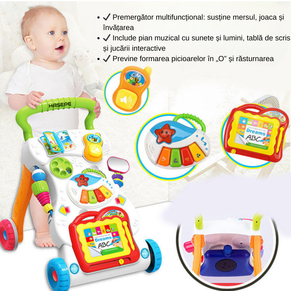 Antemergator copii 7 in 1 HASEPE, centru activitatI distractive, pian, telefon, oglinda, melodii, lumini, roti anti alunecare, viteza ajustabila, structura stabila, alb [4]