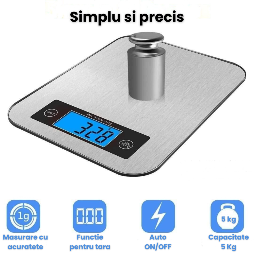 Cantar electronic de bucatarie HASEPE, capacitate 5 kg, afisaj LCD, suprafata din inox, masurare precisa in g/kg/oz/ml, oprire automata si functie tara [6]