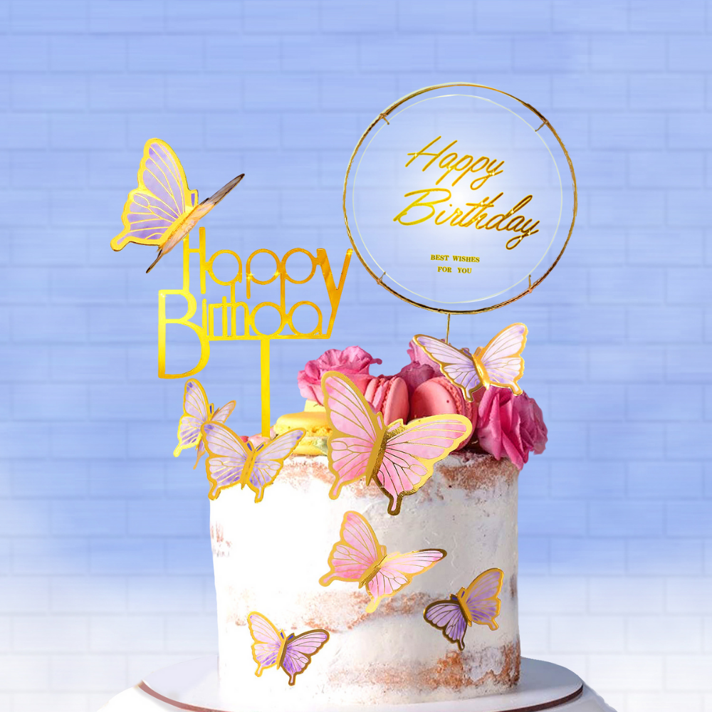 Decoratiuni Tort Happy Birthday Home Sweet Paradise, Set 22 Piese Fluturasi Acrilic si Hartie, Reutilizabile, pentru Aniversari, Baby Shower, Multicolor [6]