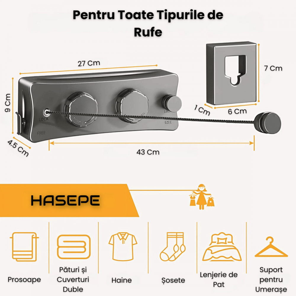 Uscator rufe retractabil HASEPE, montaj pe perete, sarme otel inoxidabil 5,1 m, capacitate 20 kg, rezistent interior exterior, compact pliabil, Gri [5]