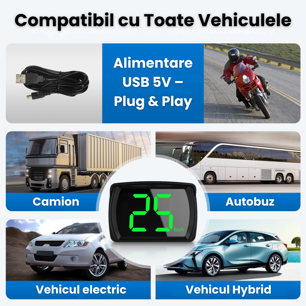 Ecran HUD Vitezometru GPS Digital HASEPE, Head Up Display LED Verde Pentru Parbriz, Plug & Play USB, Auto, Camion, Motocicleta, Negru [5]