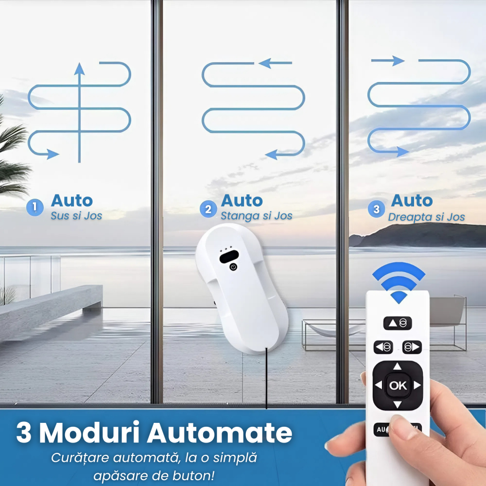 Robot Curatat Geamuri HASEPE, Aspirare Puternica 5800Pa, Pulverizare Automata 50ml, 3 Moduri Auto, Telecomanda, Lavete Microfibra, Sigur pe Geamuri Inalte, Alb [2]