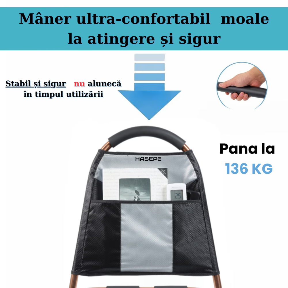 Maner de sprijin si balustrada pentru pat HASEPE, cu 3 bare de stabilizare si maner antiderapant, buzunar lateral, suport ridicare persoane varstnice, pacienti dupa operatie, femei insarcinate sau cu  [7]