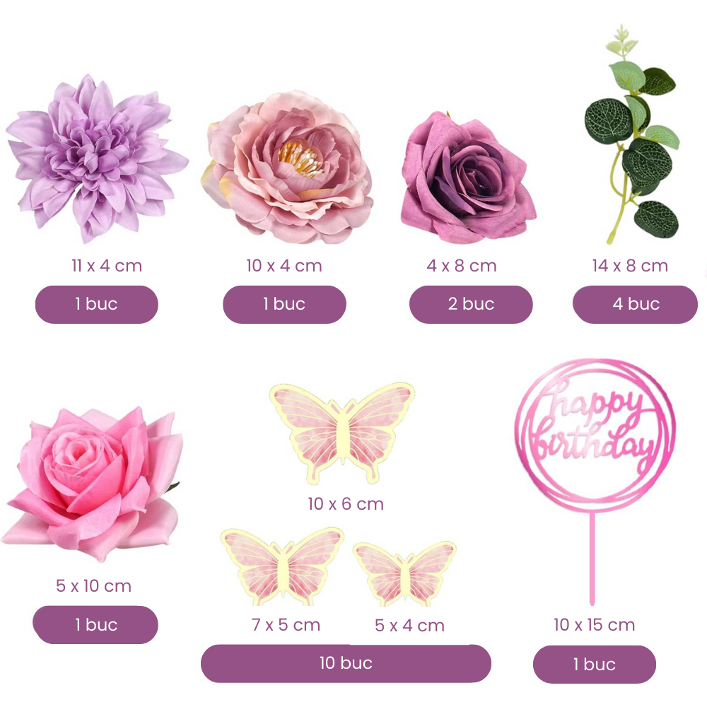 Set 20 Piese Topper Flori si Fluturi pentru Tort HASEPE, Happy Birthday, Nunta, Aniversari, Petreceri [2]