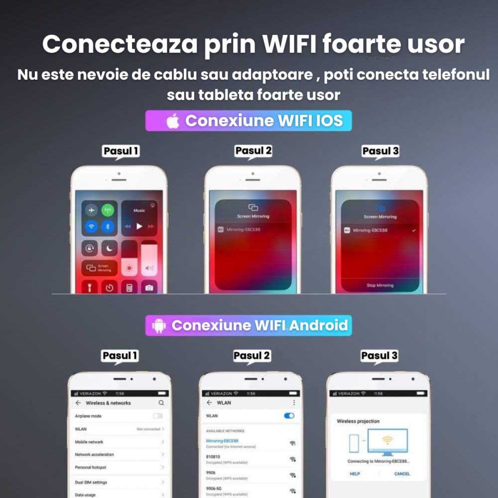 Videoproiector portabil HASEPE, WiFi Mirroring Android/iOS/Windows/MacBook, Rezolutie HD 720P, 3900 LUX, HDMI, USB, SD, VGA, AV, difuzor integrat, ideal pentru acasa si exterior [8]